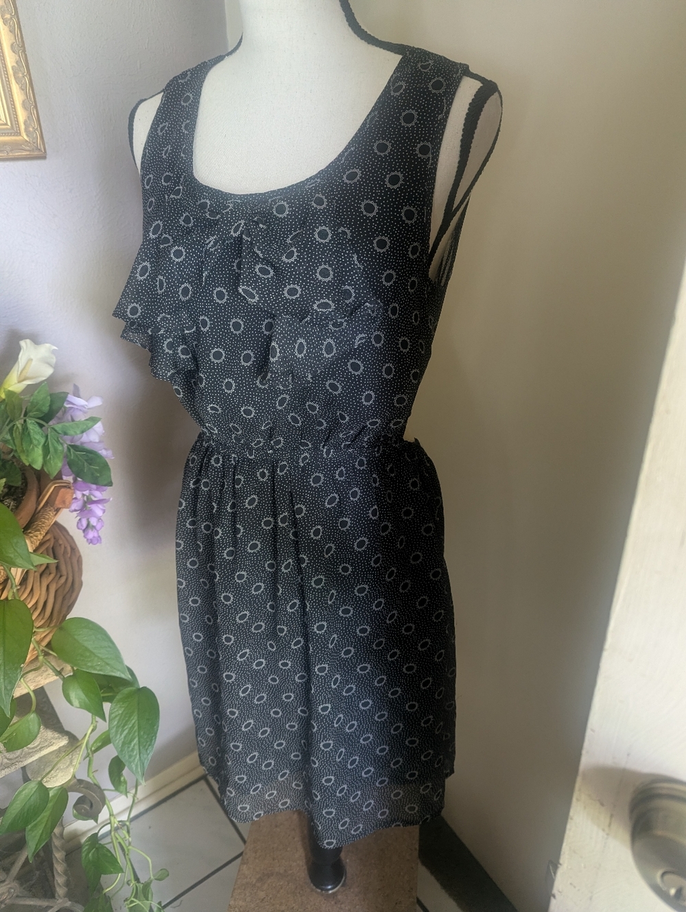 TULLE women's Black Sleeveless Ruffle Dot Dress.